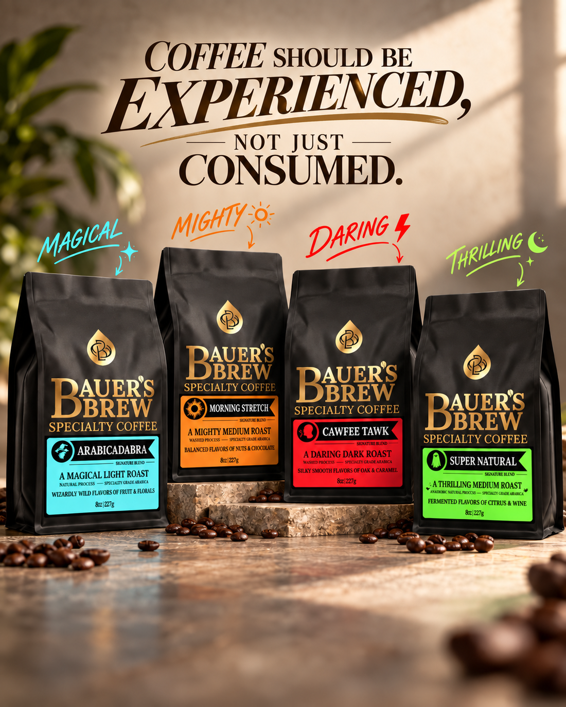 Bauer’s Brew ArabicaDabra, Morning Stretch, Cawfee Tawk and Super Natural coffee bags