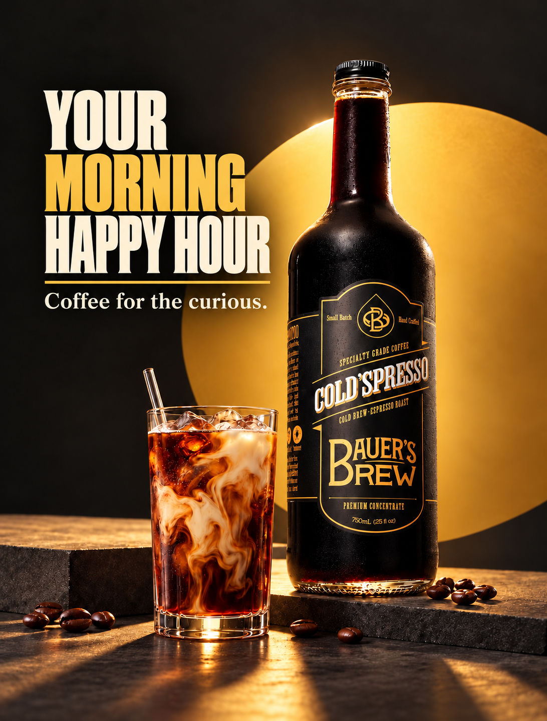 Coldspresso concentrate bottle beside iced coffee with milk