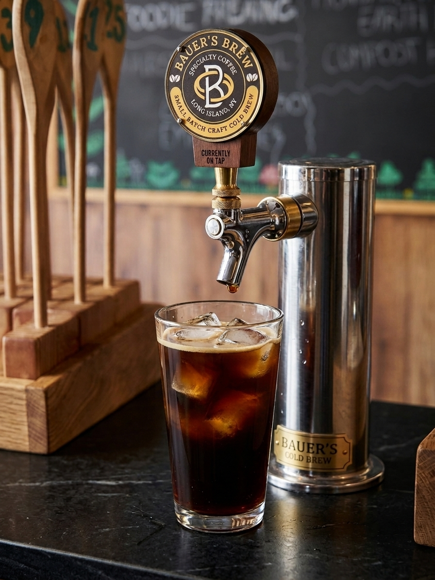 Bauer’s Brew cold brew tap and glass of iced coffee
